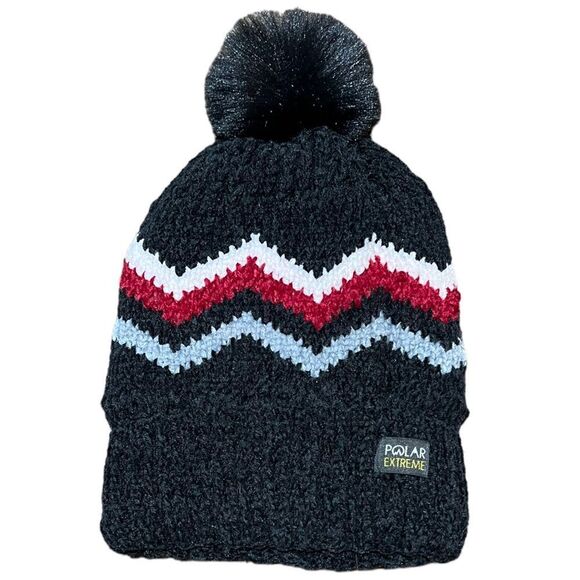 😊 3/$30 POLAR EXTREME HEAT CHEVRON CHENILLE CUFF HAT W/FAUX FUR POM Grey new! - Picture 1 of 11